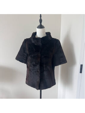 Elegant Black/Brown Short-Sleeve Real Rabbit Fur Jacket | Size S-M Mob Wife